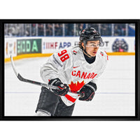 Connor Bedard Canada White Action - Framed Canvas - 31" x 22"-Premium canvas print with gallery-wrapped edges