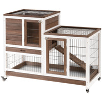 PawHut 35" H Indoor Rabbit Hutch with Wheels, Run and Tray - Brown-Two tier design with main house and run box for roaming freely 