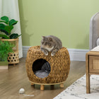 PawHut Elevated Wicker Cat Bed with Washable Cushion - Light Brown-Cat house design provides a private space for security 