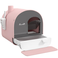 PawHut Cat Litter Box with Lid, Removable Tray, Scoop and Filter - Pink-Offers a private space for your cat to use litter 