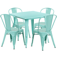 31.5'' Square Mint Green Metal Indoor-Outdoor Table Set with 4 Stack Chairs [ET-CT002-4-30-MINT-GG]-Metal Cafe Table