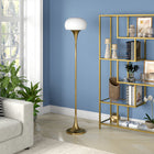 Hudson&Canal Aleister Torchiere Floor Lamp with Glass Shade - Brass/White Milk-Handcrafted brass finish is applied to the steel base