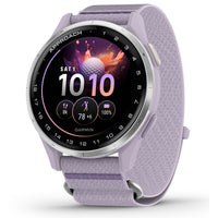 Garmin - Approche J1 Lunette en aluminium argenté avec bande en tissu ComfortFit lilas-Conçu pour le golf: Le design mince et léger avec une bande en tissu ComfortFit s'ajuste solidement et ne gêne pas lors du swing