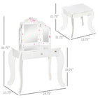 Qaba Kids Vanity Table with Tri-folding Mirror and Stool - Star & Heart Pattern - White-High-quality MDF wood frame with rounded corners 