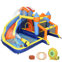Qaba - Château gonflable 8 en 1 pour enfants, avec toboggan, piscine (bac à balles), mur d’escalade, souffleur-Les enfants peuvent sauter, glisser, grimper, éclabousser, jouer au basket et lancer des anneaux  
