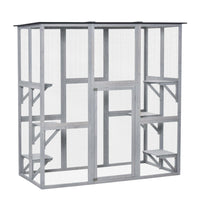 PawHut 71" L Outdoor Catio Cat Enclosure with Asphalt Roof and Jumping Platforms - Grey-Fully enclosed wooden cat outdoor enclosure can house multiple animals 