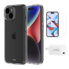 AXS Starter Kit bundle Ultra Clear Case, Screen Protector and 20w Charger for Apple iPhone 15-Drop-tested, scratch resistant phone case with shock absorbing air pockets