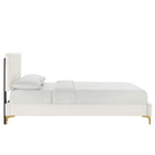 Modway Leah Chevron Tufted Performance Velvet Queen Platform Bed with Gold Metal Legs and Foot Caps - White-Bed Frame Weight Capacity: 800 lbs