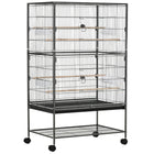 PawHut - Grande cage à oiseaux en métal 52 po H avec support roulant, étagère de rangement, perchoir en bois - gris foncé-Plusieurs portes pour un accès facile à l'intérieur 