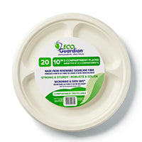 Eco Guardian – Assiettes à 3 compartiments en bagasse compostable, pour la vente au détail, 10 po, paq./240 (EG-N-A007-S20)-Assiettes en canne à sucre compostable