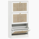 HOMCOM - Organisateur de rangement pour chaussures en rotin avec 3 tiroirs rabattables - blanc-Finition blanche avec façades et boutons en rotin pour un style bohème chic 