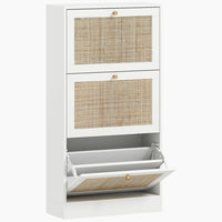 HOMCOM - Organisateur de rangement pour chaussures en rotin avec 3 tiroirs rabattables - blanc-Finition blanche avec façades et boutons en rotin pour un style bohème chic 