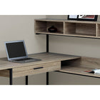 Monarch Specialties 7161 Computer Desk - Dark Taupe/Black Metal Corner-Desktop is divided into 2 segments with a large panel that overlaps the storage unit with hutch to create a smaller, lower worksurface and an additional storage cubby