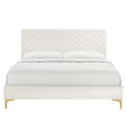 Modway Leah - Lit plateforme Queen en velours haute performance à motif chevrons avec pieds en métal doré et embouts - Blanc-9