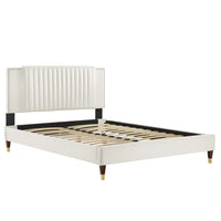 Modway - Zahra Lit plateforme Simple en velours haute performance avec capitonnage vertical et pieds en bois et Manchons en métal doré - Blanc-Lit à plateforme jumelle