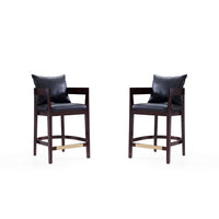 Manhattan Comfort - Ritz tabouret de comptoir 22" style milieu du siècle moderne, rembourré en similicuir - noir et noyer foncé - lot de 2-Tabouret de comptoir moderne du milieu du siècle avec dossier parfait pour le bar et la cuisine. Ensemble de 2