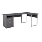 Monarch Specialties 7257 80" Computer Desk - Grey Left Or Right Facing-Contemporary L-shaped computer desk in a wood-look grey laminate finish, supported by sturdy, grey metal legs in a modern rectangular design.