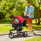 PawHut Luxury One-click Folding Lightweight Pet Stroller - Red-Equipped with 3 large rubber wheels for smooth and quiet movement, suitable for most road conditions 