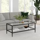 Hudson&Canal Hera 45"W Rectangular Coffee Table with Glass Shelf - Blackened Bronze-Handcrafted blackened bronze finish applied to a steel frame
