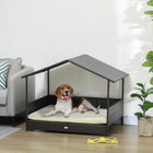 PawHut Rattan Dog House with Shade Canopy Cushion - Cream White-With a canopy for sun protection 