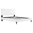 Modway Roxanne Performance Velvet Queen Platform Bed with Wood Legs and Gold Metal Sleeves - White-Vintage Modern Queen Bed