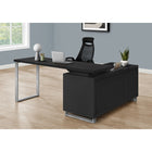 Monarch Specialties 7717 72" Computer Desk - Black/Silver Executive Corner-Desktop is divided into 2 segments: a large, main worksurface and a smaller, lower surface on top of the shelving unit