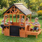 Qaba Outdoor Kids Wooden Garden Games Cottage with Table, Benches, Sink Table - Light Brown-Comes with a built-in bar and two benches for cafe role-playing fun
