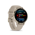 Garmin - Venu 3S - 41mm Lunette en acier inoxydable Soft Gold avec boîtier et bracelet en silicone lin-Connaissez mieux votre corps grâce à des fonctionnalités étendues de surveillance de la santé, notamment la fréquence cardiaque au poignet, le rapport du matin, l'âge de forme physique, le suivi du stress, le suivi du cycle menstruel et de la grossesse, la méditation et bien plus encore