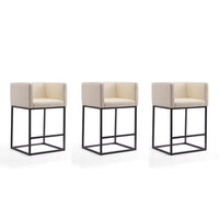 Manhattan Comfort Embassy 20.5" Mid-Century Modern Faux Leather Upholstered Counter Stool - Cream and Black - 3 Pack-Mid-Century Modern Counter Stool with Backseat Perfect for Bar and Kitchen Use. Set of 3