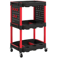 HOMCOM 3-Tier Rolling Tool Cart with Wheels - Black/Red-Three-tier shelves, side hole shelves, ten hooks boost storage
