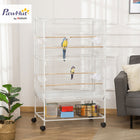 PawHut - Grande cage à oiseaux en métal 52 po H avec support à roulettes, étagère de rangement, perchoir en bois - blanc-Comprend 4 perchoirs en bois et 4 mangeoires en plastique 