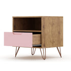 Manhattan Comfort Rockefeller 20.08" Mid-Century Modern 1-Drawer Nightstand 2-Piece Set - Nature/Rose Pink-Fashionable Wire Splayed Legs Made of Metal for Extra Durability