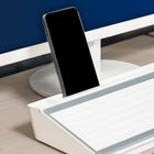 Quartet Flip-Top Glass Dry-Erase Desktop Pad - 18" x 6" - White Surface-PHONE AND TABLET HOLDER: Back channel holds phones or tablets upright and has a slot for charging wires.