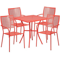 28'' Square Coral Indoor-Outdoor Steel Patio Table Set with 4 Square Back Chairs [CO-28SQ-02CHR4-RED-GG]-Set Includes Table and 4 Chairs