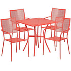 Table de jardin carrée de 28 po en acier corail et 4 chaises au dossier carré, intérieur/extérieur [CO-28SQ-02CHR4-RED-GG]-L’ensemble comprend une table et quatre chaises
