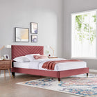 Modway - Roxanne Lit plateforme Queen en velours haute performance avec pieds en bois et manchons en métal doré - Vieux rose-Pieds en bois avec manchons en métal doré