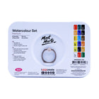 Mont Marte - Coffret aquarelle 21 pièces en boîte métallique - Couleurs assorties-Comprend 18 peintures aquarelles aux couleurs éclatantes, un pinceau à réservoir d'eau moyen, une éponge et une palette dans une boîte compacte