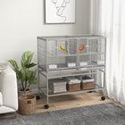PawHut - Cage à oiseaux divisée 40 po H avec support à roulettes, plateau en métal amovible, étagère de rangement - gris clair-2 grandes portes avant et 2 portes latérales permettent un accès facile à l'intérieur pour les oiseaux 