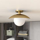 Hudson&Canal - Plafonnier semi-encastré Alvia de 14,5 po de large avec abat-jour en métal et verre - Laiton/blanc-Une finition en laiton fabriquée à la main est appliquée sur le surplomb de l'abat-jour en métal en forme de plaque