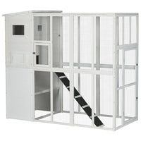 PawHut - Grande maison pour chat d’extérieur en bois avec grand enclos de jeu - 76,8 po L x 37,2 po l x 68,7 po H - blanc-Maison pour chat en bois entièrement fermée, un excellent ajout à votre terrasse et jardin 