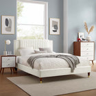Modway - Zahra Lit plateforme Simple en velours haute performance avec capitonnage vertical et pieds en bois et Manchons en métal doré - Blanc-Système de soutien en lattes de bois