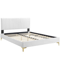 Modway Peyton Performance Velvet Queen Platform Bed with Gold Metal Legs - White-Channel Tufted Queen Platform Bed