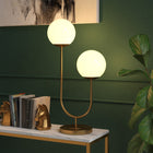 Hudson&Canal Dufrene 2-Light Table Lamp with Glass Shades - Brass/White Milk-Rated for two 60W incandescent bulbs - 9W LED bulbs, 13W fluorescent (CFL) bulbs, or 9W self-ballasted LED bulbs, E26-base bulbs, Bulbs not included