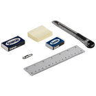 JAM Paper Desk Organizer Supply Set - 5 x 5 x 5 - Round - Blue-Supplies include set of paperclips and staples, mini stapler, eraser, post it notes, one pair of scissors, two pens, yellow highlighter, 6 inch ruler, and box cutter