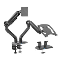 ShoppingAll - Support double moniteur et ordinateur portable 2-en-1 robuste - Noir-Un bras prend en charge un écran compatible VESA jusqu'à 35 po pesant 26,5 lb ou moins, un autre bras prend en charge un plateau pour ordinateur portable pouvant contenir des ordinateurs portables jusqu'à 17 po