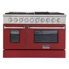 Kucht 48" KNG Series Pro Style Propane Gas Range - Stainless Steel/Red-Cook and bake like a pro with two separate ovens featuring large oven windows. The main oven is a heavy-duty blue porcelain oven with 4.2-cu-ft of capacity, while the additional side oven has 2.5-cu-ft of capacity