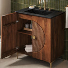 Modway Vernon 30" Fluted Wood Vanity Cabinet With Sink - Walnut/Black-8" Widespread Holes