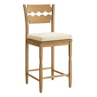 Modway Jax Oak Wood Counter Stool With Wavy Razor Back and Cushion - Weathered Oak Oatmeal Stripe-Solid Oak Counter Stool