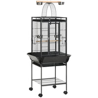 PawHut - Cage à oiseaux 61,5 po H avec support, plateau amovible, toit de jeu, étagère de rangement, perchoir en bois - noir-Deux perchoirs en bois et un pont arqué, pour que les oiseaux se sentent comme sur une branche 