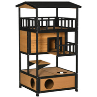PawHut 4-Floor Outdoor Wood Cat House with Condo Entrances and Perch - Natural/Black-The solid fir wood is robust and long-lasting 